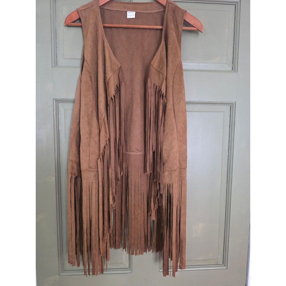 Womens XL Brown Faux Suede Fringe Vest Open Front Boho Western Tassel Sleeveless